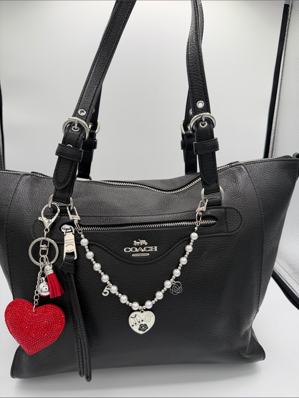 Coach Black Pebbled Leather Tote with Red Heart Charm